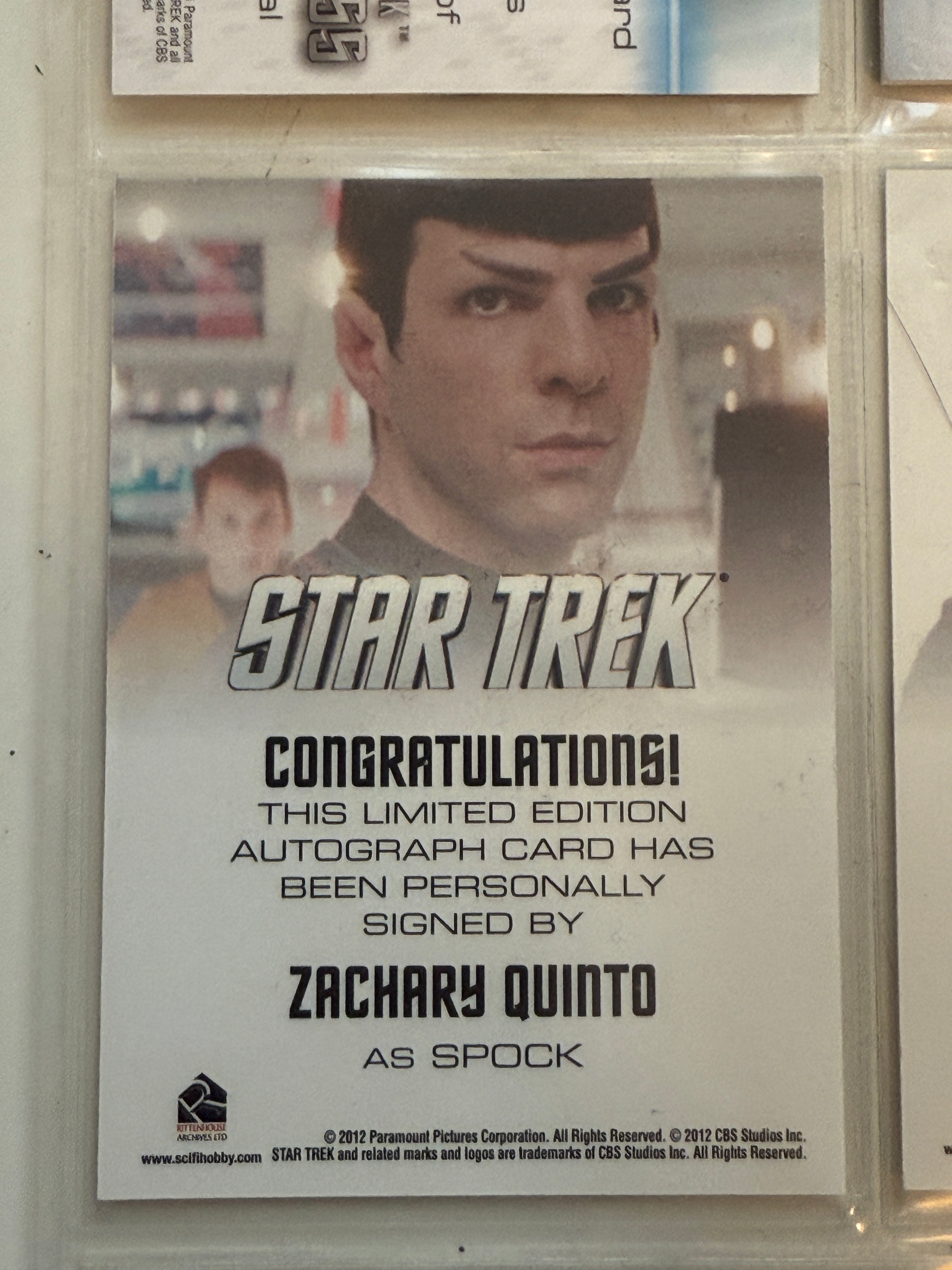 Star Trek Zachary Quinto rare Spock autograph insert card