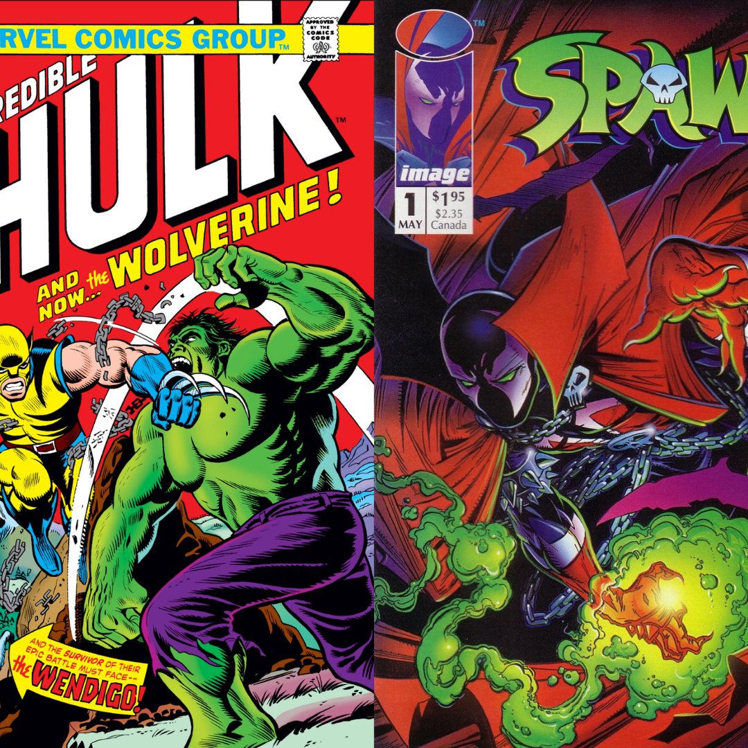 comic book collage with superman, spider-man, the hulk, and spawn
