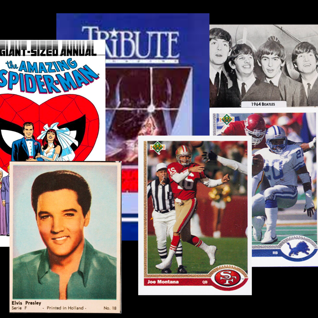 Rare Collectibles Collage with Elvis, The Beatles, Batman & Robin, and Star Wars Magazines