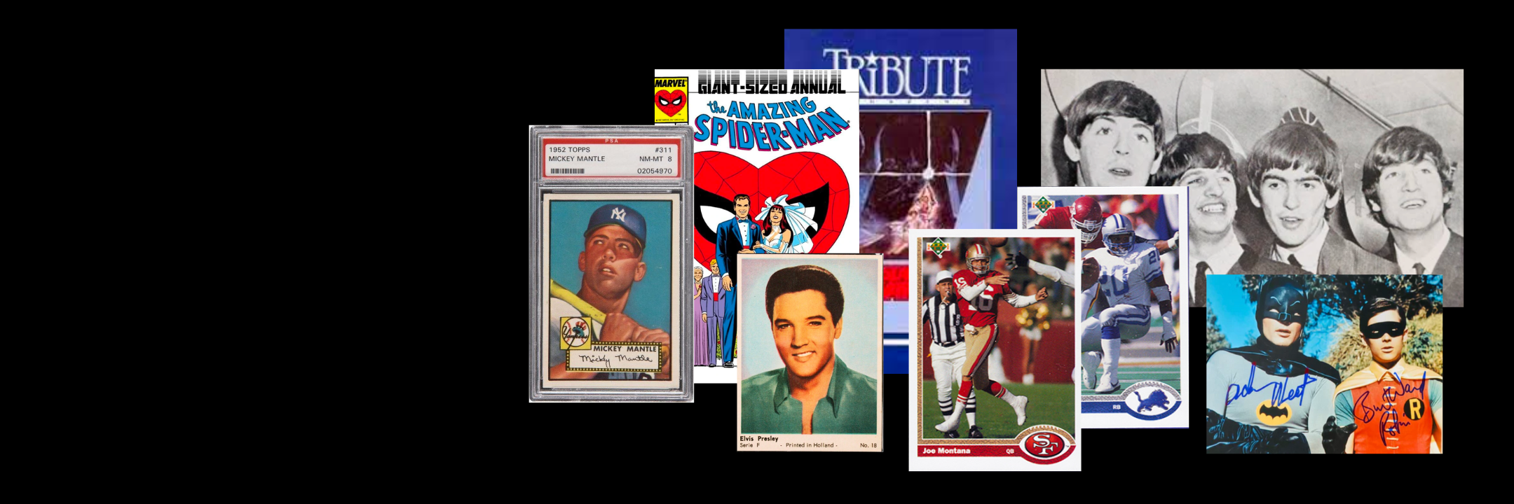 Rare Collectibles Collage with Elvis, The Beatles, Batman & Robin, and Star Wars Magazines