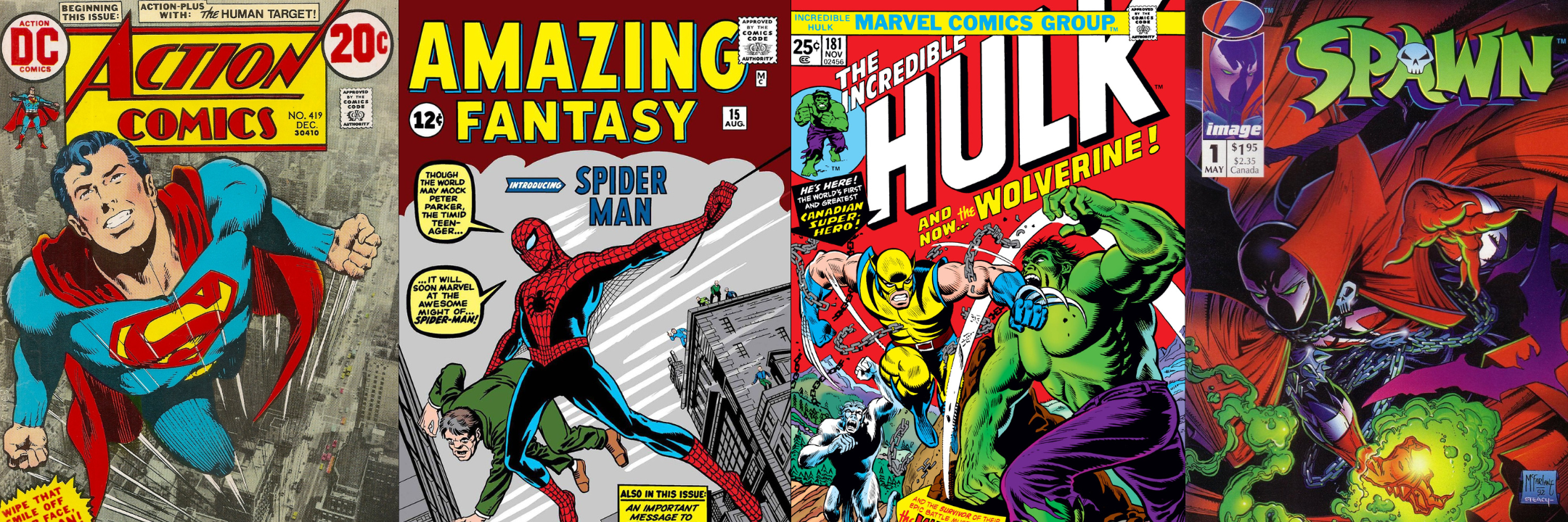 comic book collage with superman, spider-man, the hulk, and spawn