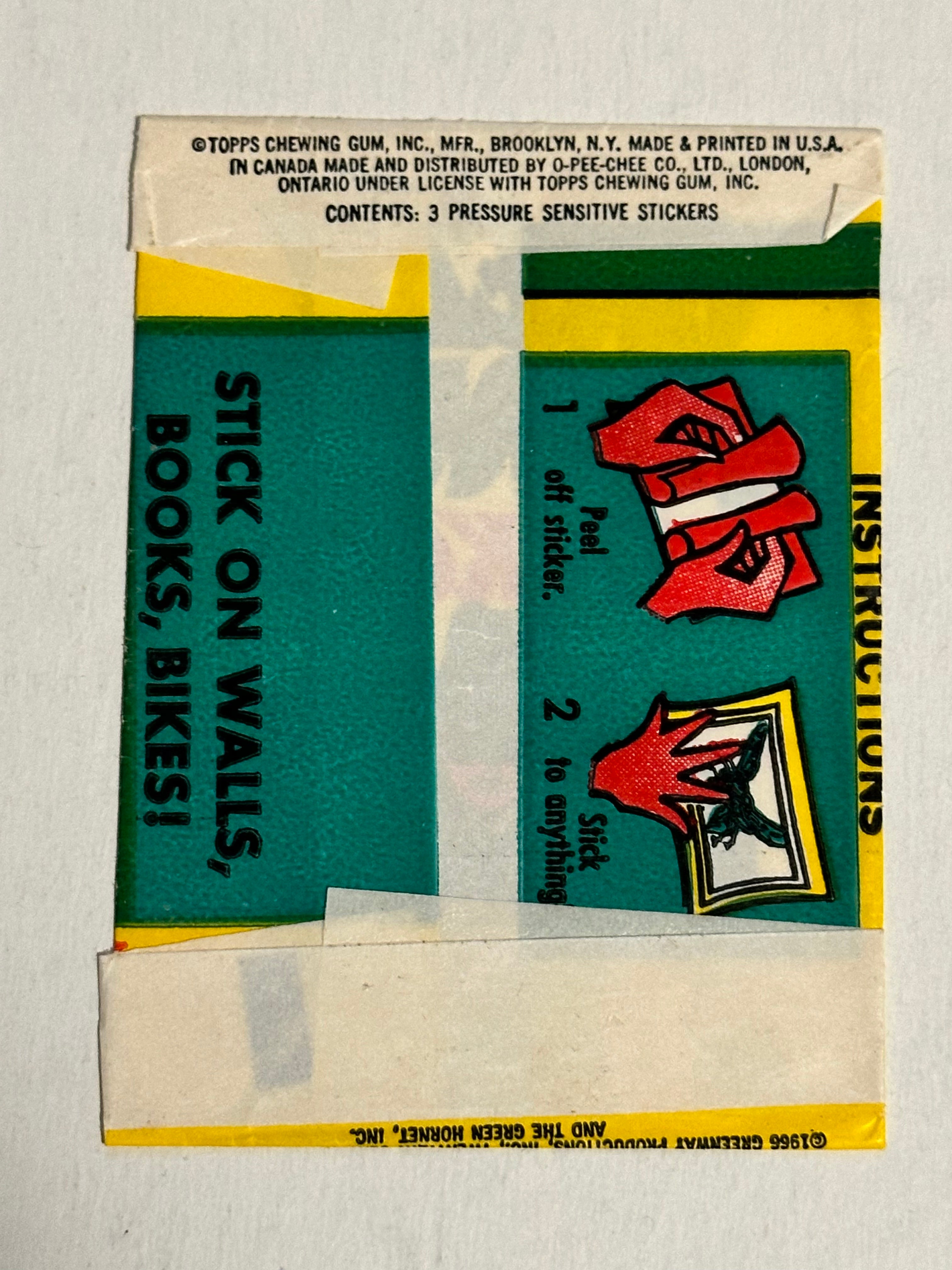 Green Hornet Opc Canadian version rarer stickers wrapper 1966