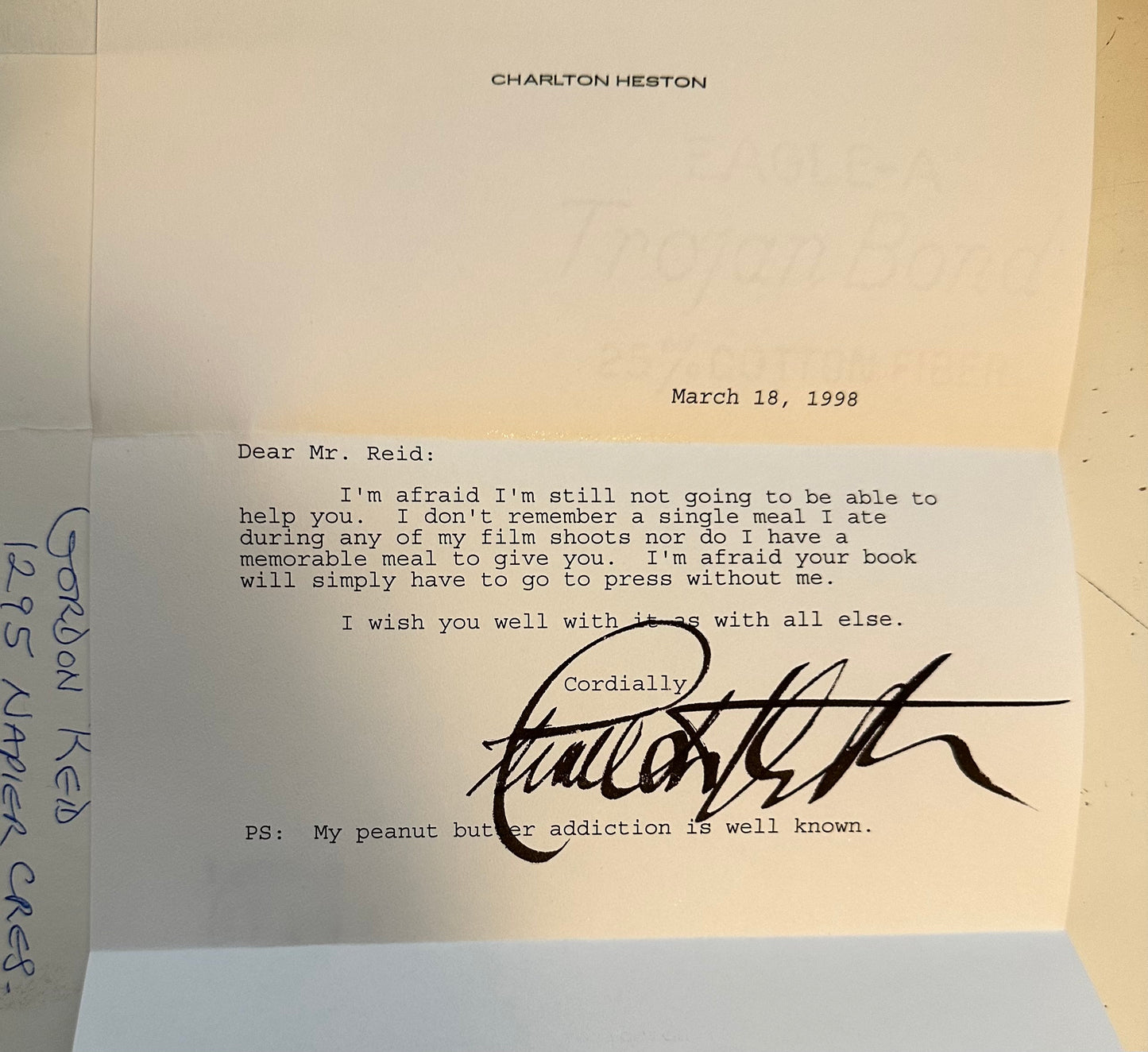 Charlton Heston, legendary actor autographed response letter on his personal stationary sold with COA