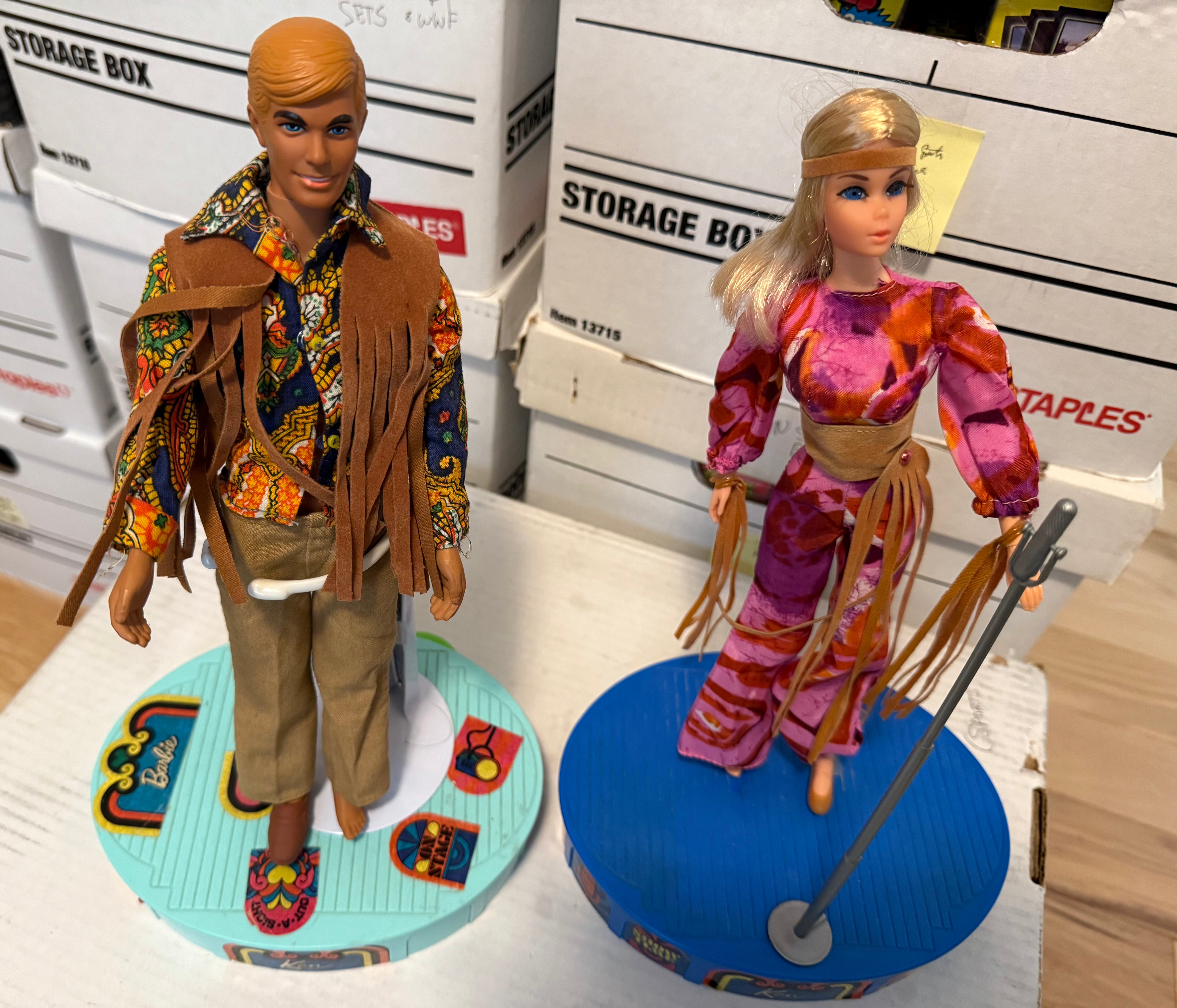 Barbie and Ken rare Hippy Dolls with display stands 1970s