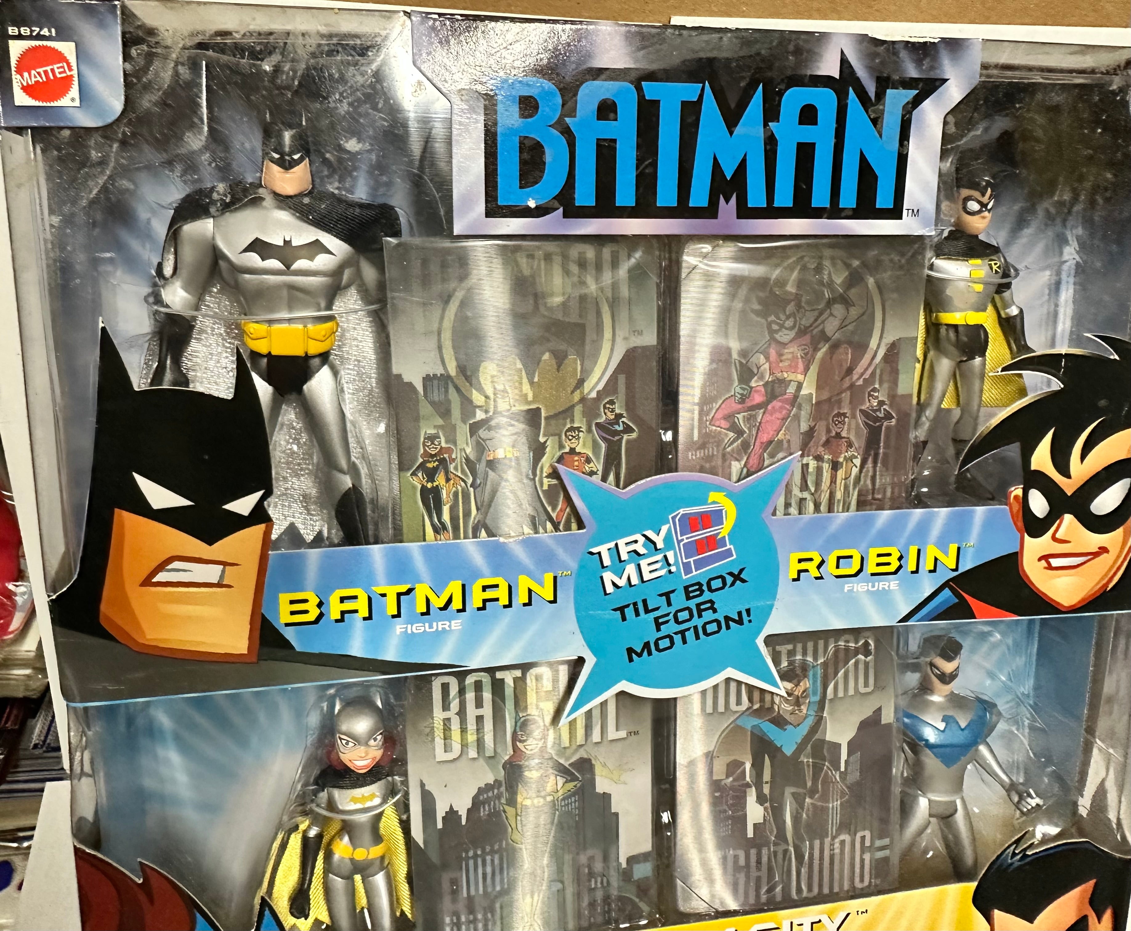 Batman and Robin Mattel, four figures plus motion, cards, factory sealed toy display