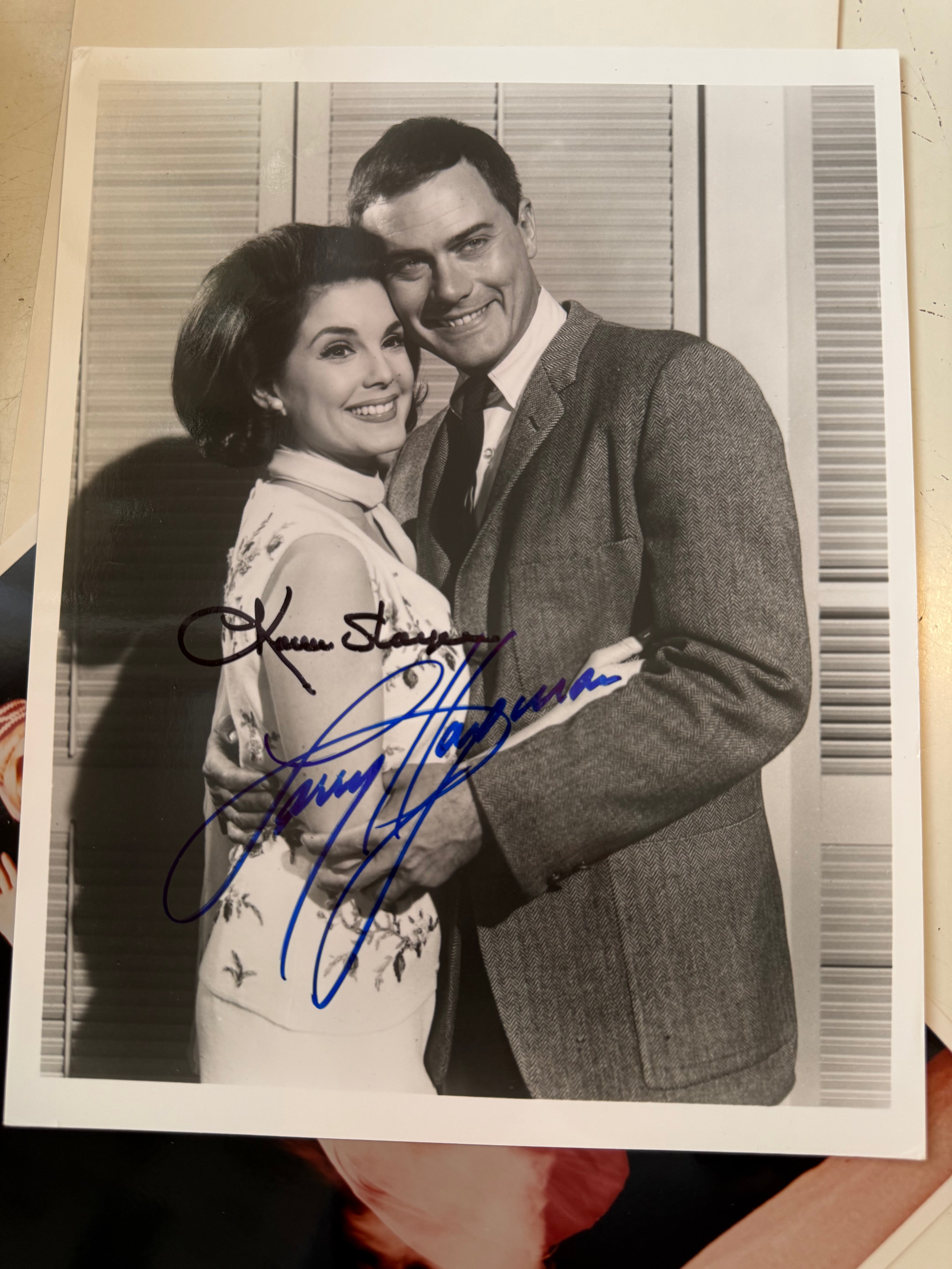 Larry Hagman and Karen Sharpe rare double autograph from I dream of Jeannie TV series! Amazing find! Sold with COA
