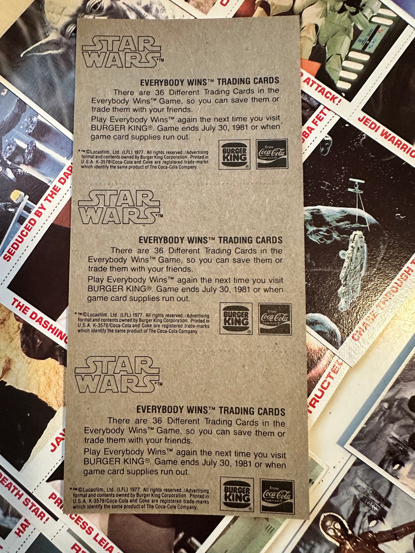 Star Wars Empire Burger King 12 panels 36 cards set 1980.