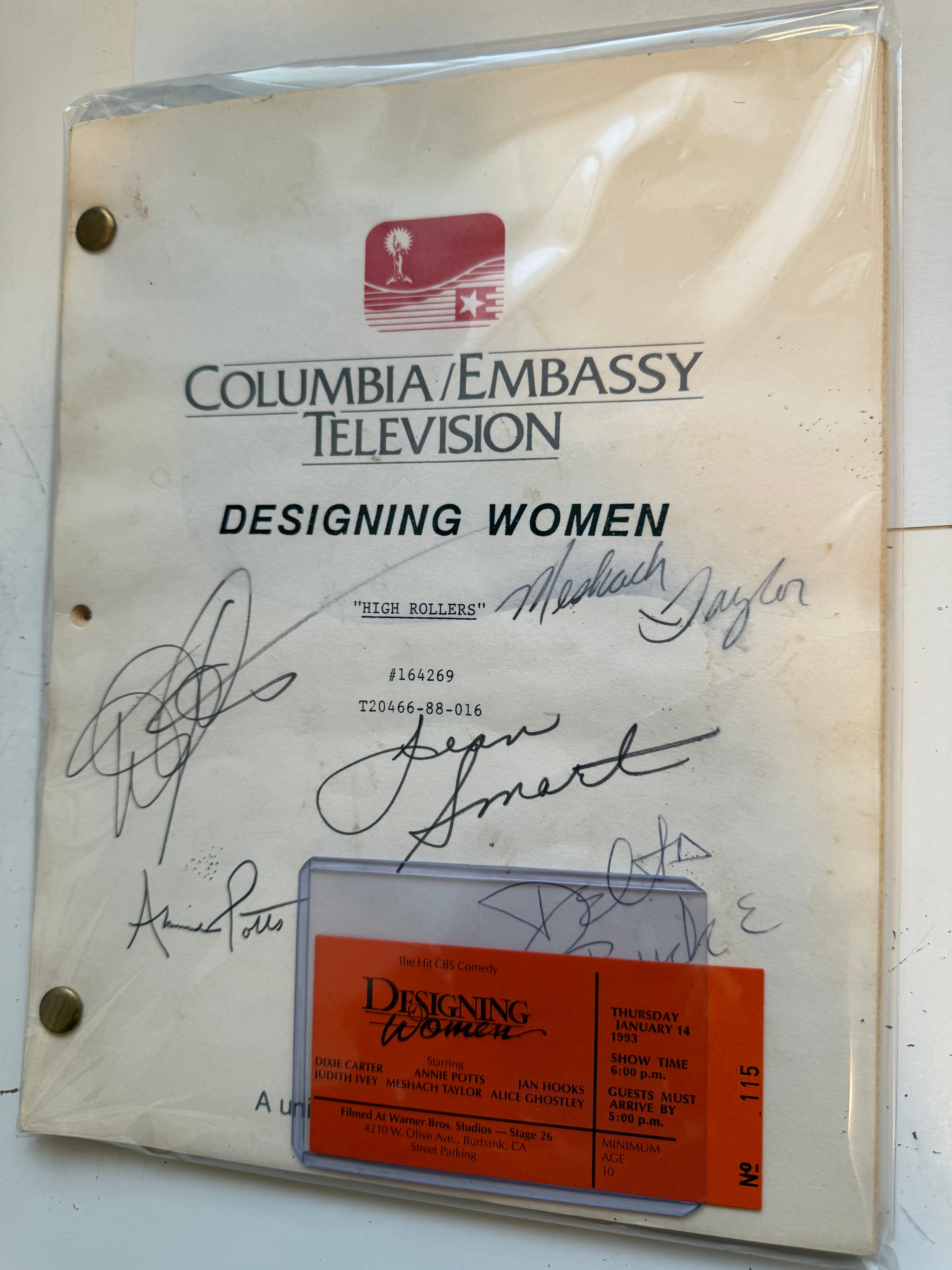Designing women TV show original script signed by cast plus live studio episode ticket. Sold with COA