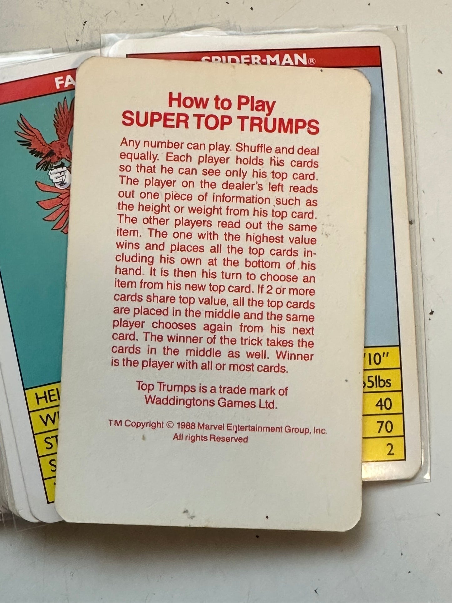 Marvel, super trump rare game cards set 1988