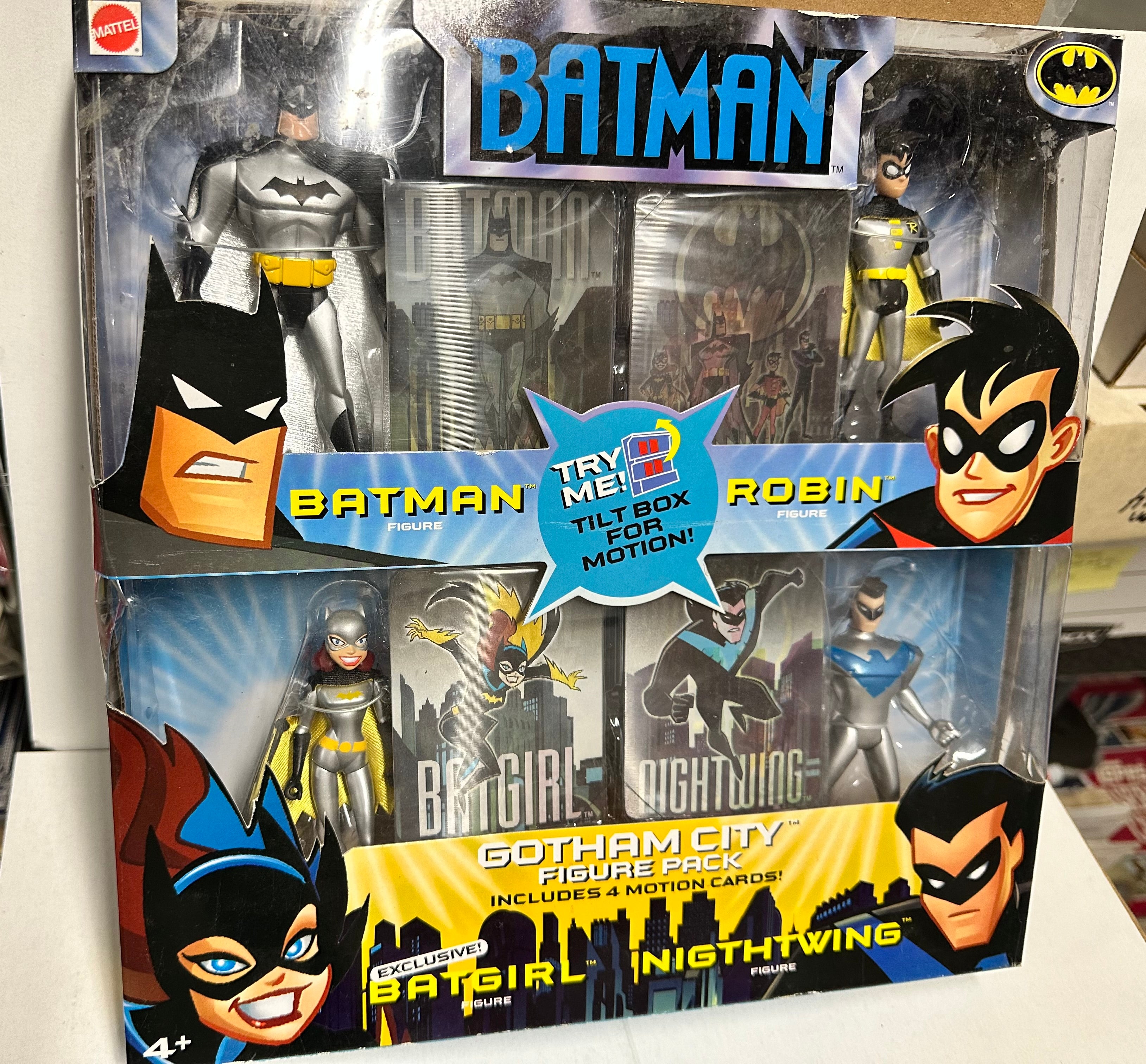 Batman and Robin Mattel, four figures plus motion, cards, factory sealed toy display