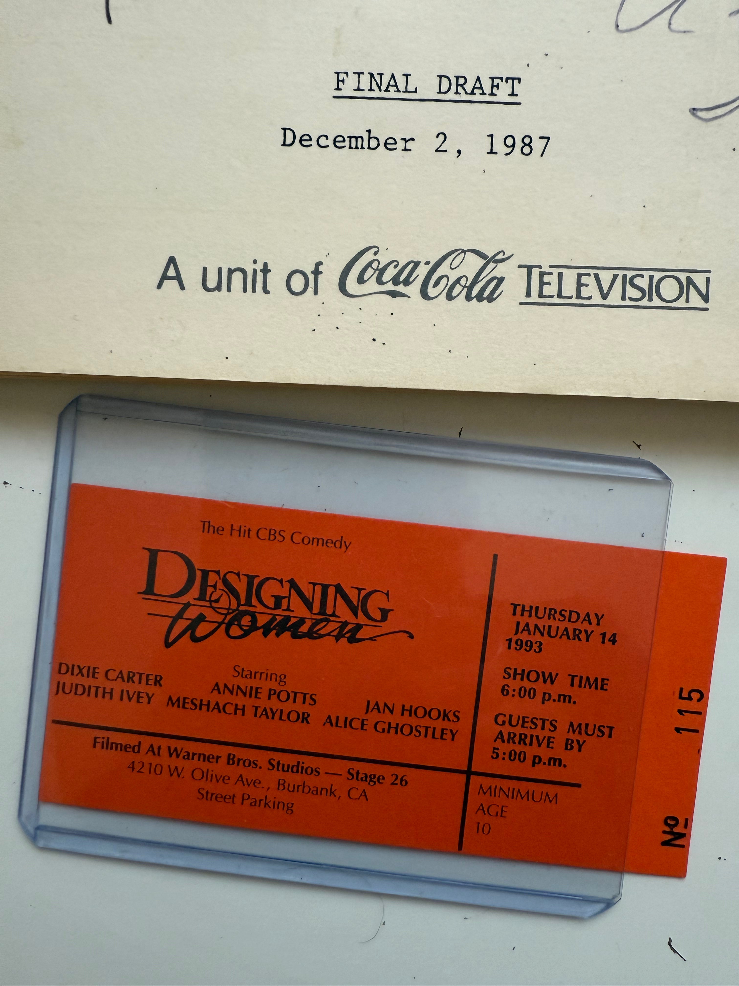 Designing women TV show original script signed by cast plus live studio episode ticket. Sold with COA