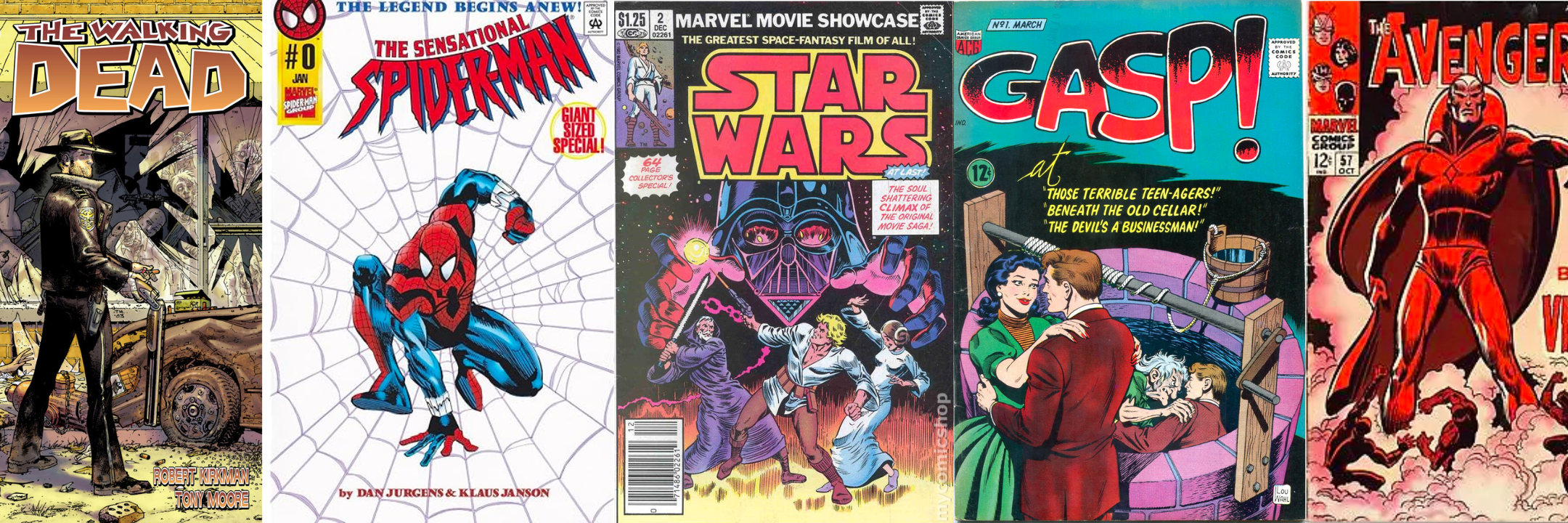 Comic Book Collage with The Walking Dead, Spider-Man, Star Wars, Gasp, and The Avengers