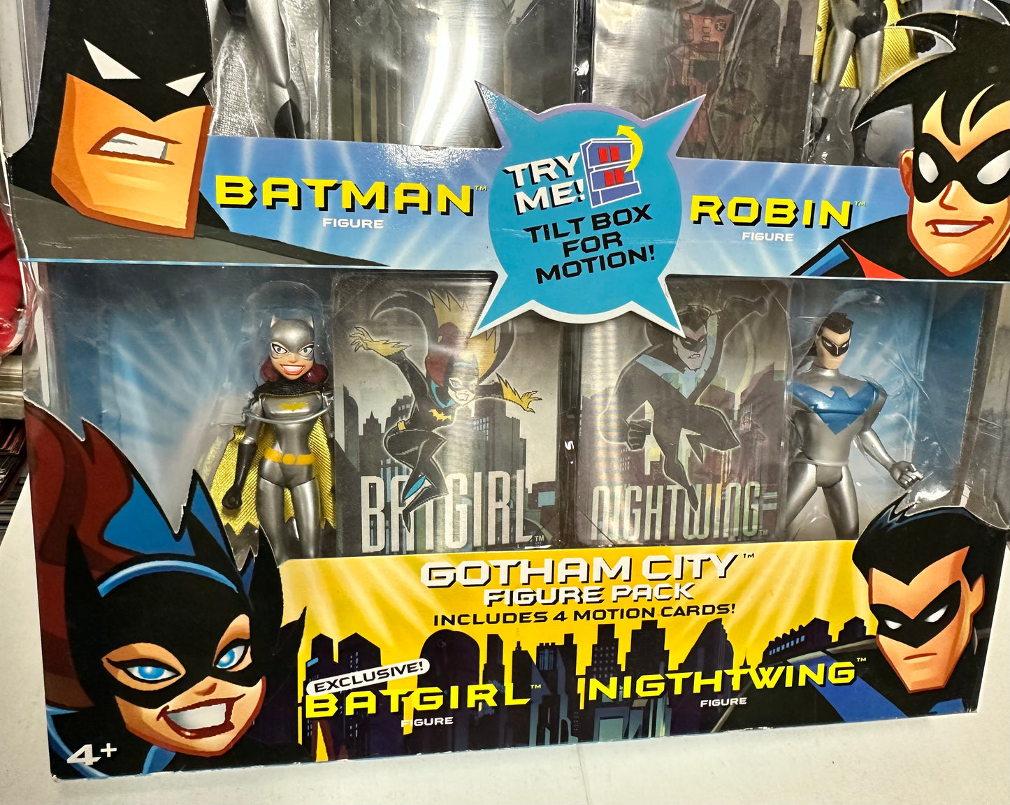 Batman and Robin Mattel, four figures plus motion, cards, factory sealed toy display