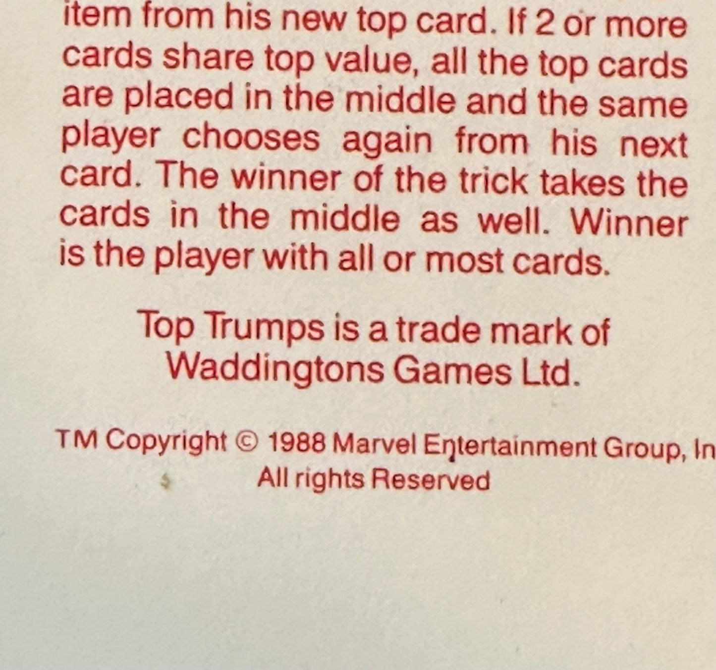 Marvel, super trump rare game cards set 1988