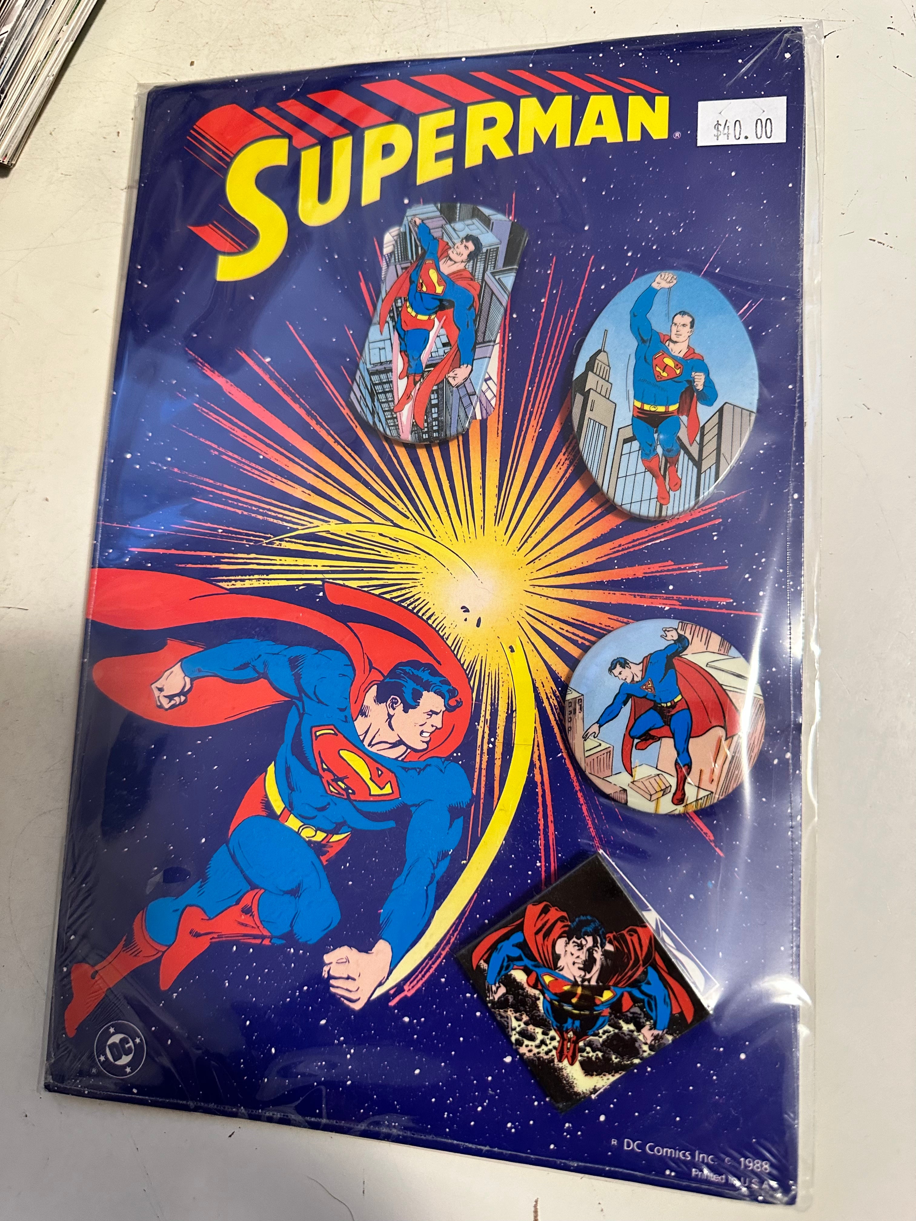 Superman through the years pin, back buttons set 1988