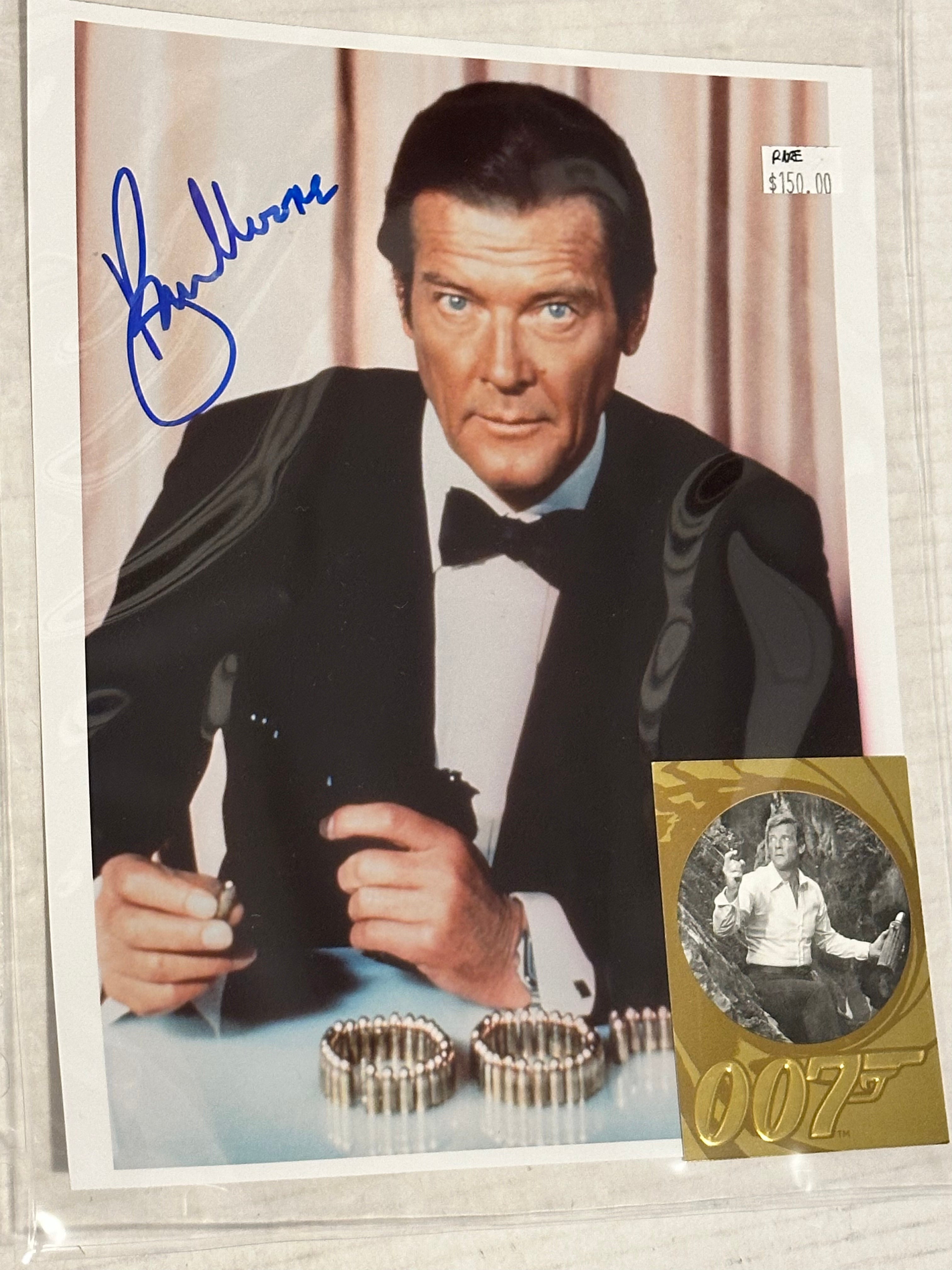 James Bond Roger Moore, rare autograph photo with card and COA
