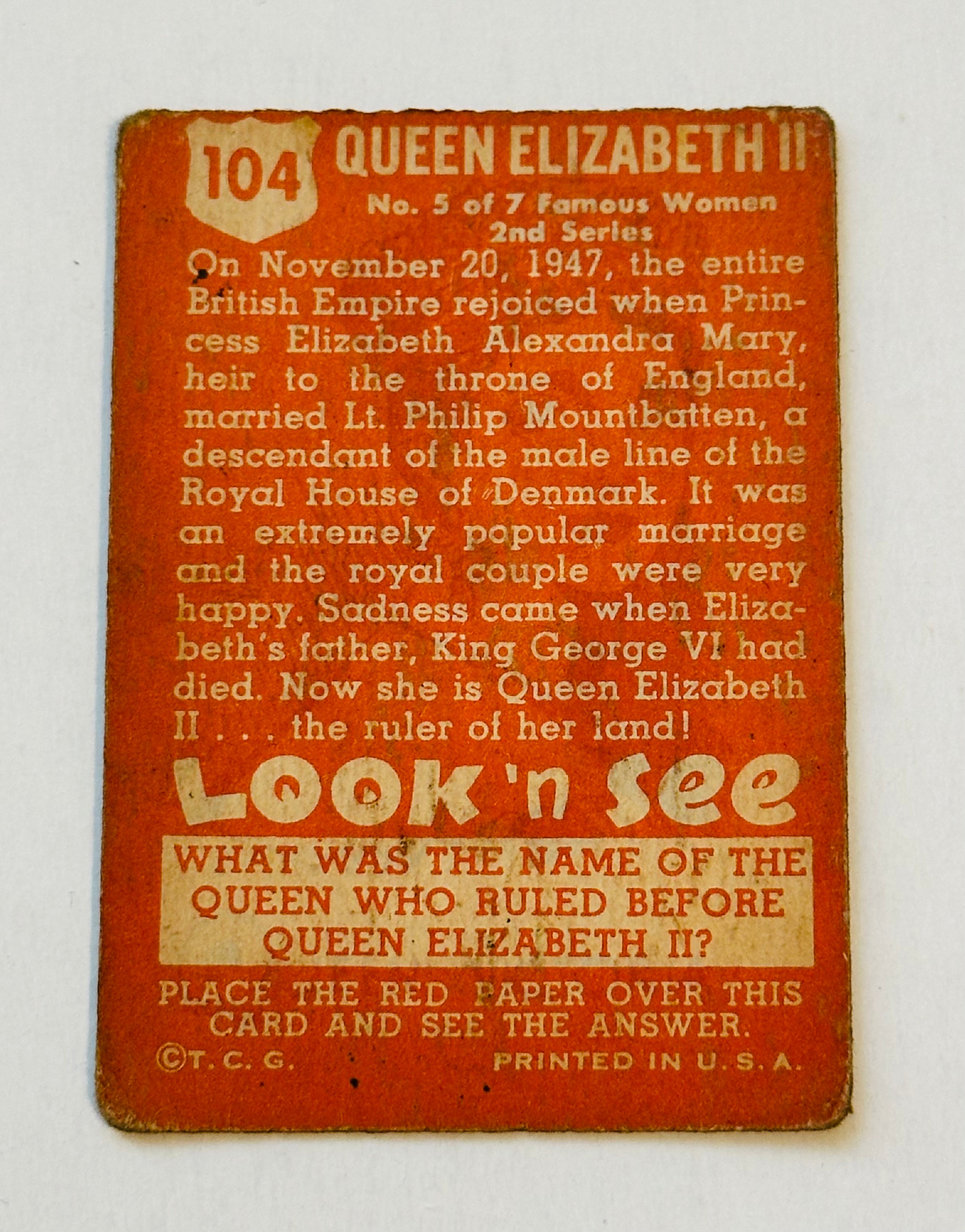 1952 Topps Look and See Queen Elizabeth rare vg condition card