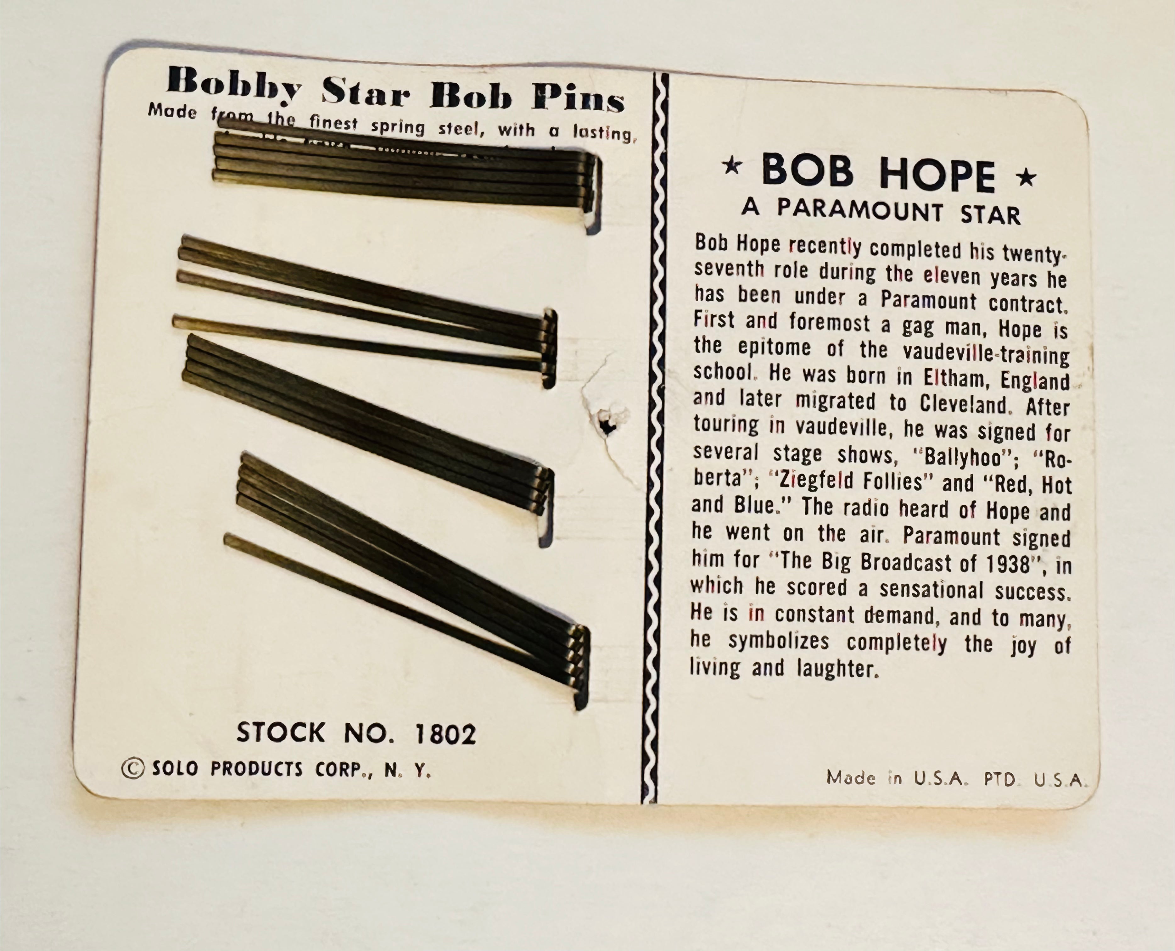 Bob Hope rare Bobby pins display cardboard ad 1950s